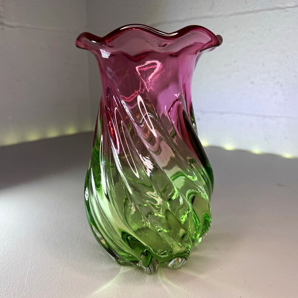Pink Green Swirl Art Glass Vase Ruffled Rim Decorative 7.5 in